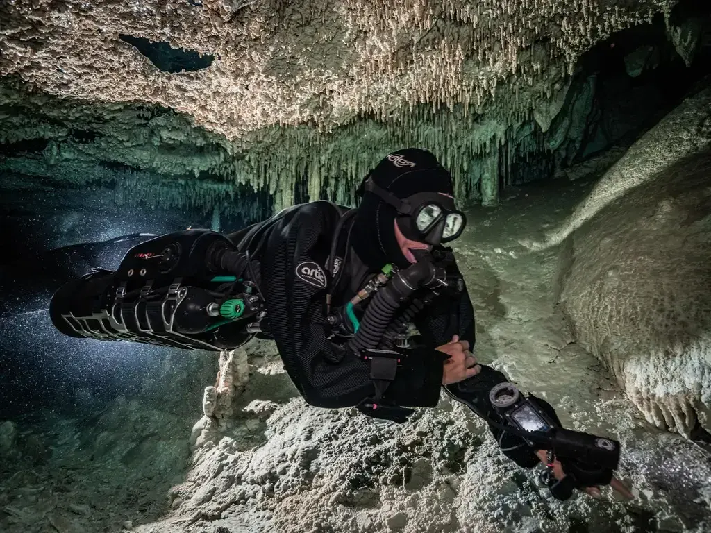 Liberty CCR certified cave diver in the cenotes of Mexico